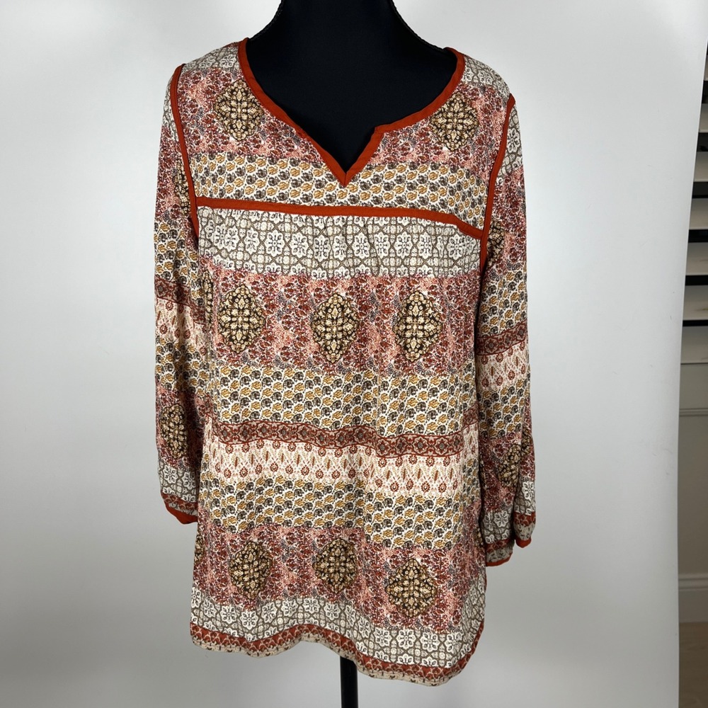 Skies Are Blue Womens Boho Paisley‎ Medallion Print Blouse Terracotta Size Large
